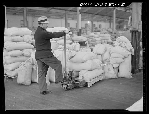Philadelphia, Pennsylvania. A hand truck for moving bags of seed at the W. Atlee Burpee Company, seed dealers. Notice wooden platform