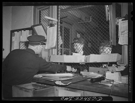Baltimore, Maryland. Trolley conductors checking in with the dispatcher after completing their route