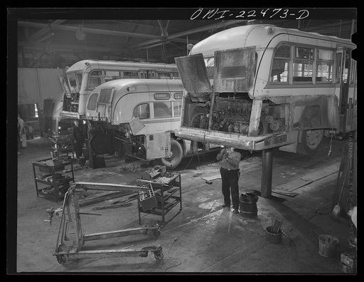 Baltimore, Maryland. Repairing busses at the Washington terminal, maintenance depot of the Baltimore Transit Company