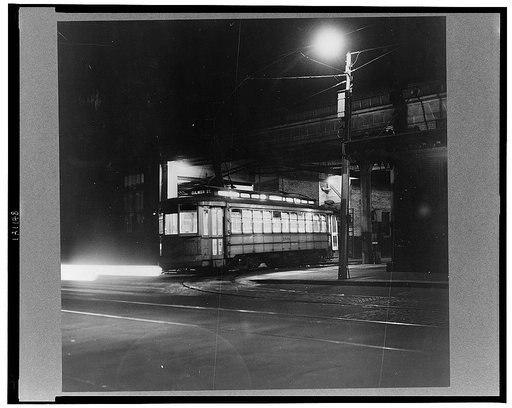 Baltimore, Maryland. Trolley leaving the terminal at night