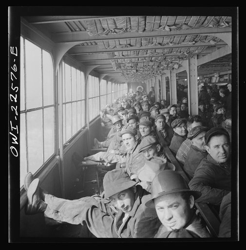 Baltimore, Maryland. Eighteen hundred workers are carried from the Bethlehem Fairfield shipyard to Baltimore on a former Wilson Line pleasure boat. The trip takes twenty minutes