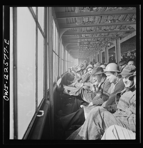 Baltimore, Maryland. Eighteen hundred workers are carried from the Bethlehem Fairfield shipyard to Baltimore on a former Wilson Line pleasure boat. The trip takes twenty minutes