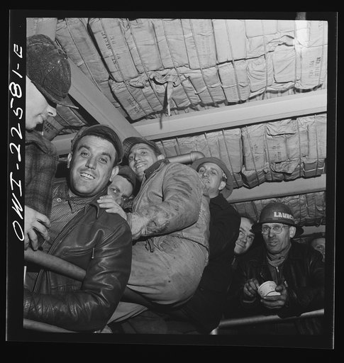 Baltimore, Maryland. Eighteen hundred workers are carried from the Bethlehem Fairfield shipyard to Baltimore on a former Wilson Line pleasure boat. The trip takes twenty minutes
