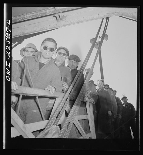 Untitled photo, possibly related to: Baltimore, Maryland. Eighteen hundred workers are carried from the Bethlehem Fairfield shipyard to Baltimore on a former Wilson Line pleasure boat. The trip takes twenty minutes