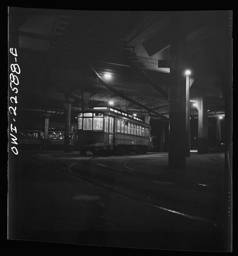 Baltimore, Maryland. Trolleys in the Park terminal at night