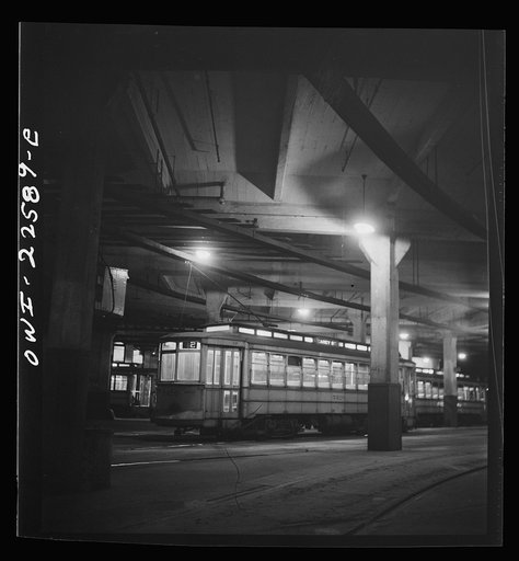 Baltimore, Maryland. Trolleys in the Park terminal at night