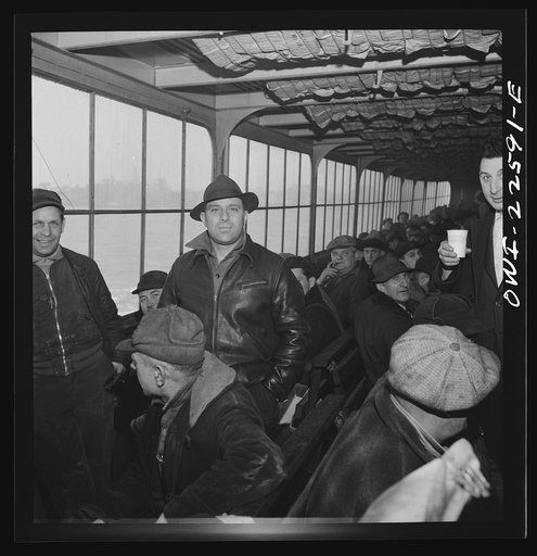 Untitled photo, possibly related to: Baltimore, Maryland. Eighteen hundred workers are carried from the Bethlehem Fairfield shipyard to Baltimore on a former Wilson Line pleasure boat. The trip takes twenty minutes