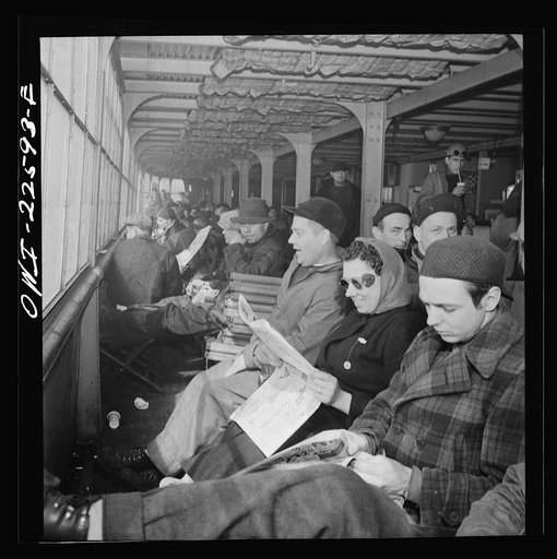 Baltimore, Maryland. Eighteen hundred workers are carried from the Bethlehem Fairfield shipyard to Baltimore on a former Wilson Line pleasure boat. The trip takes twenty minutes