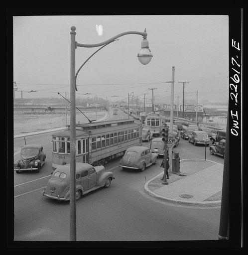 Baltimore, Maryland. Traffic jam on the raod [i.e. road] from the Bethlehem Fairfield shipyard to Baltimore as the second shift of workers leave the plant