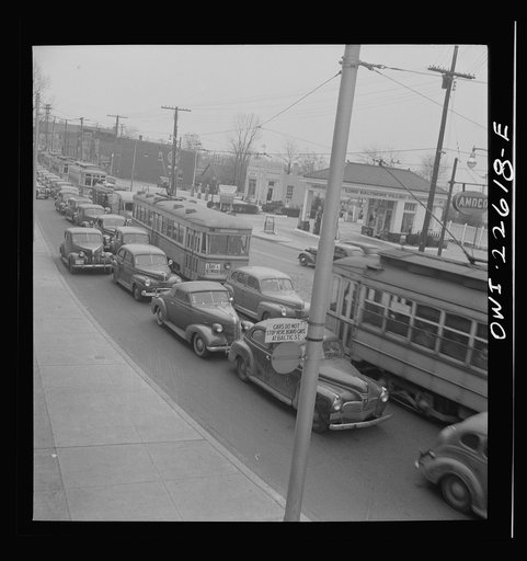 Untitled photo, possibly related to: Baltimore, Maryland. Traffic jam on the raod [i.e. road] from the Bethlehem Fairfield shipyard to Baltimore as the second shift of workers leave the plant