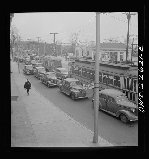 Baltimore, Maryland. Traffic jam on the road from the Bethlehem Fairfield shipyard to Baltimore as the second shift of workers leave the plant