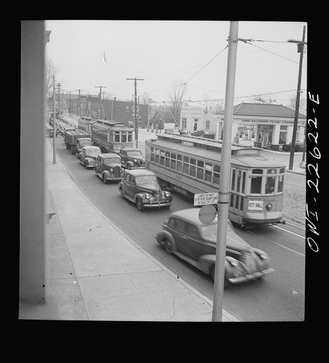 Baltimore, Maryland. Traffic jam on the road from the Bethlehem Fairfield shipyard to Baltimore as the second shift of workers leave the plant