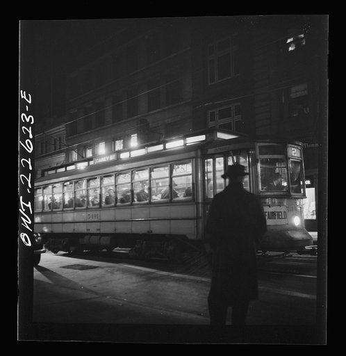 Baltimore, Maryland. Trolley carrying workers to the night shift at the Bethlehem Fairfield shipyard