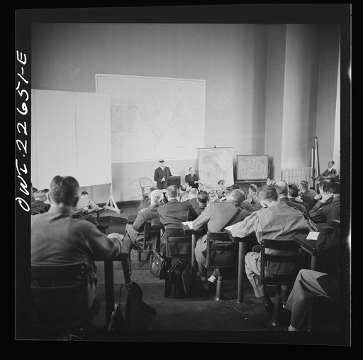 Charlottesville, Virginia. Civilian expert in banking addressing the student body of the School of Military Government at the University of Virginia
