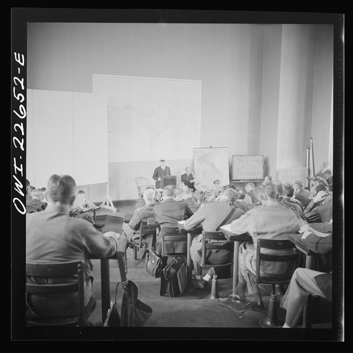 Untitled photo, possibly related to: Charlottesville, Virginia. Officers attending a lecture in the School of Military Government at the University of Virginia