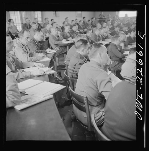 Charlottesville, Virginia. Officers attending a lecture in the School of Military Government at the University of Virginia