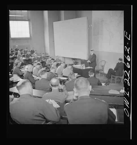 Untitled photo, possibly related to: Charlottesville, Virginia. Officers attending a lecture in the School of Military Government at the University of Virginia