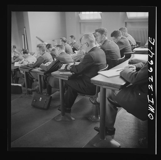 Untitled photo, possibly related to: Charlottesville, Virginia. Officers attending a lecture in the School of Military Government at the University of Virginia