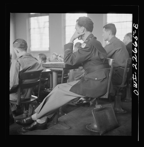 Untitled photo, possibly related to: Charlottesville, Virginia. Officers attending a lecture in the School of Military Government at the University of Virginia