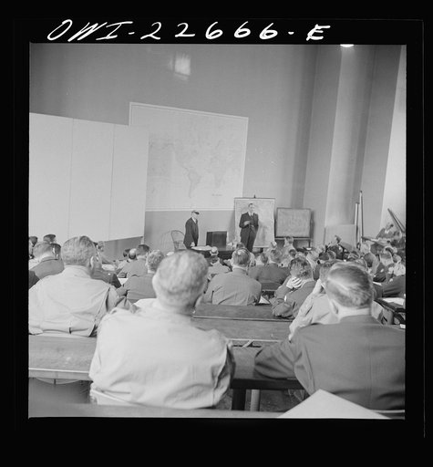 Untitled photo, possibly related to: Charlottesville, Virginia. Officers listening to a lecture in the School of Military Government at the University of Virginia