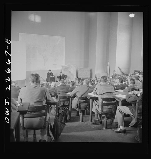 Untitled photo, possibly related to: Charlottesville, Virginia. Officers attending a lecture in the School of Military Government at the University of Virginia