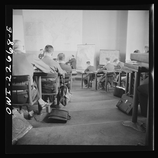 Charlottesville, Virginia. Officers attending a lecture in the School of Military Government at the University of Virginia