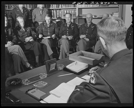 Charlottesville, Virginia. General Wickersham addressing his staff of the School of Military Government at the University of Virginia