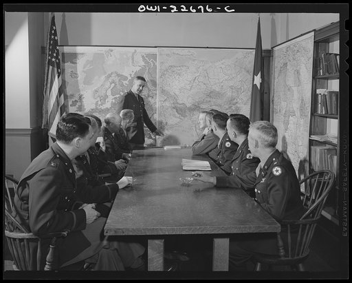 Charlottesville, Virginia. Staff meeting of General Wickersham at the School of Military Government at the University of Virginia