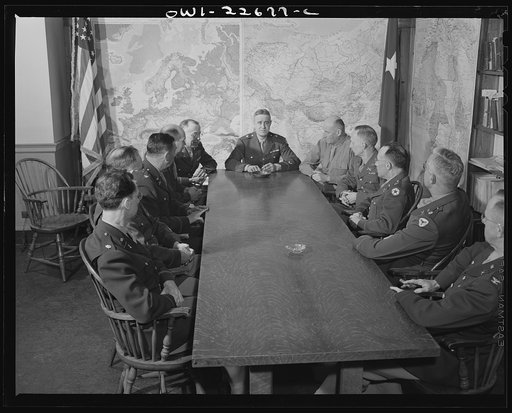 Untitled photo, possibly related to: Charlottesville, Virginia. Staff meeting of General Wickersham at the School of Military Government at the University of Virginia