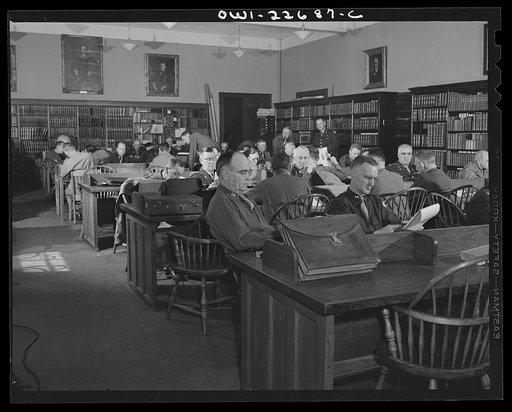Charlottesville, Virginia. Officers enrolled in the School of Military Government doing research in the Library of International Law at the University of Virginia