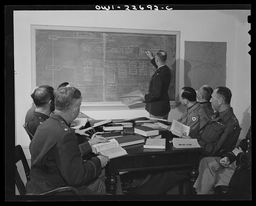 Untitled photo, possibly related to: Charlottesville, Virginia. Committee of ten assigned to the study of Japanese political administration studying tactical problems in the School of Military Government at the University of Virginia