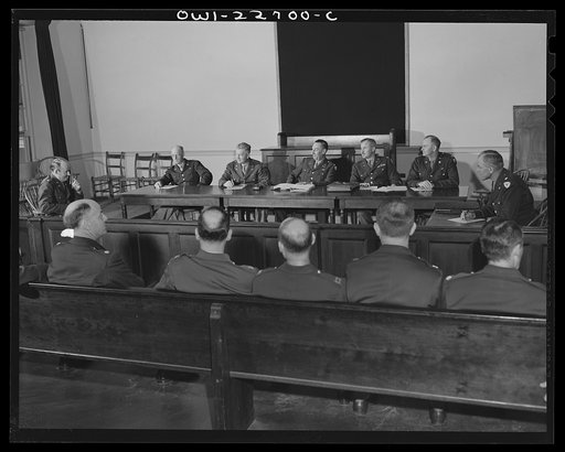 Untitled photo, possibly related to: Charlottesville, Virginia. Mock military tribunal in the School of Military Government at the University of Virginia