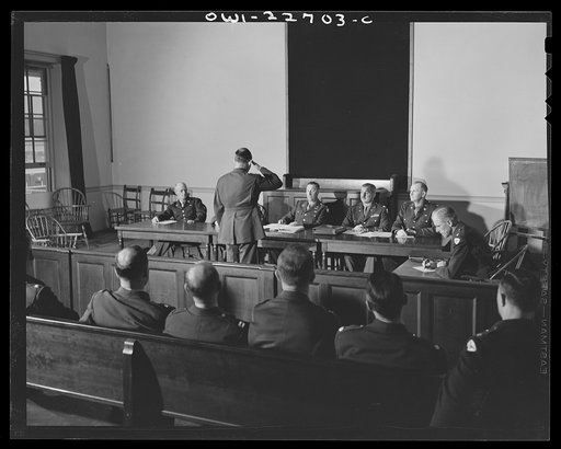Charlottesville, Virginia. Mock military tribunal in the School of Military Government at the University of Virginia