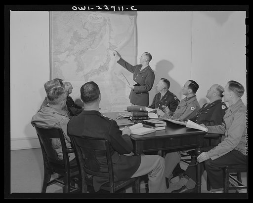 Charlottesville, Virginia. Committee of ten assigned to the study of Japanese political administration studying tactical problems in the School of Military Government at the University of Virginia