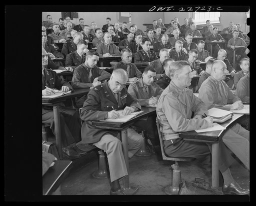 Charlottesville, Virginia. Officers enrolled in the School of Military Government attending lecture on foreign administrative problems at the University of Virginia