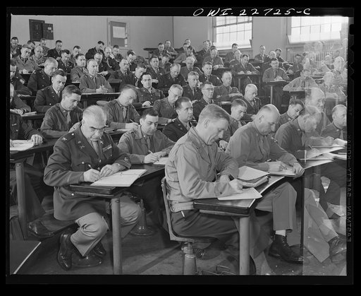 Untitled photo, possibly related to: Charlottesville, Virginia. Officers enrolled in the School of Military Government attending lecture on foreign administrative problems at the University of Virginia