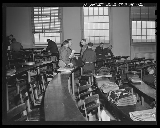 Charlottesville, Virginia. Officers comparing notes after a lecture on international law in the School of Military Government at the University of Virginia