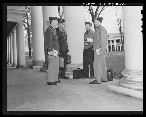 Charlottesville, Virginia. Officers leaving classroom in the School of Military Government at the University of Virginia