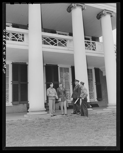 Untitled photo, possibly related to: Charlottesville, Virginia. Officers leaving classroom in the School of Military Government at the University of Virginia