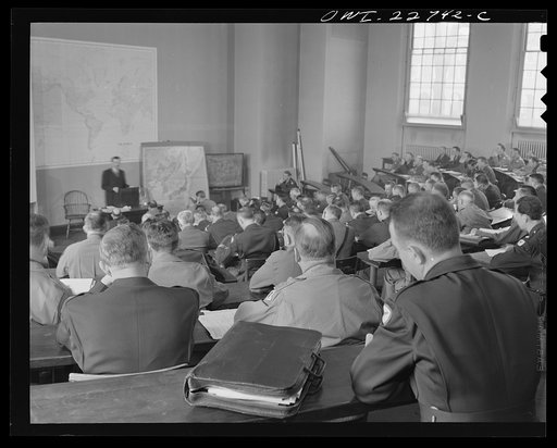 Untitled photo, possibly related to: Charlottesville, Virginia. Civilian specialist in Japanese relations lecturing to a class in the School of Military Government at the University of Virginia