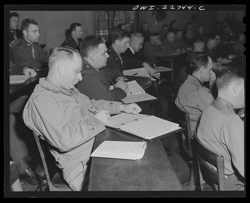 Untitled photo, possibly related to: Charlottesville, Virginia. Officers enrolled in the School of Military Government attending lecture on foreign administrative problems at the University of Virginia