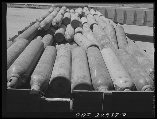 Untitled photo, possibly related to: New Orleans, Louisiana. Tanks for acetyline welding at the Herrin Company to be delivered to shipyards truck terminal