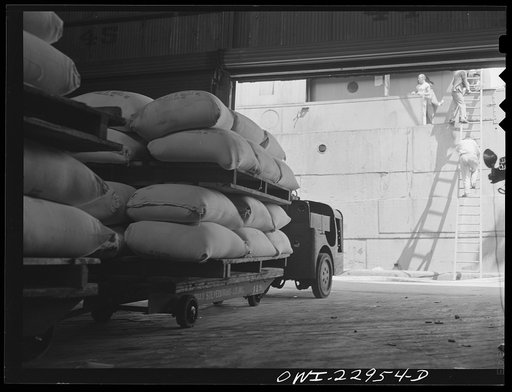 Untitled photo, possibly related to: New Orleans, Louisiana. Sacks of flour being loaded onto a ship at the Poydras Street dock