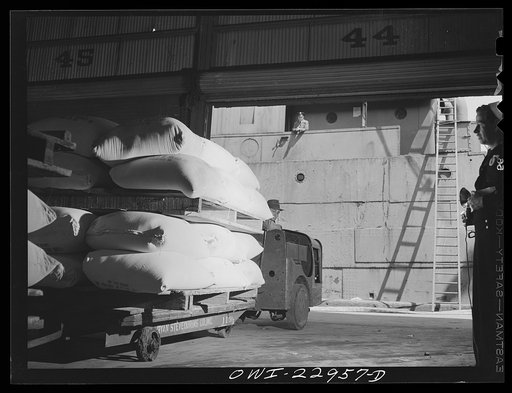 Untitled photo, possibly related to: New Orleans, Louisiana. Sacks of flour being loaded onto a ship at the Poydras Street dock