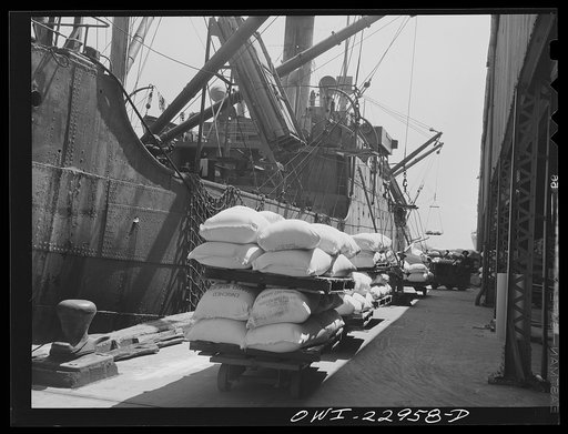 Untitled photo, possibly related to: New Orleans, Louisiana. Loading a ship at the Poydras Street dock
