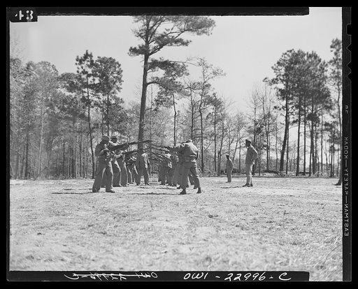 Camp Lejeune, New River, North Carolina. Engineers of the 51st Composite Battalion, U.S. Marine Corps, in a bayonet drill