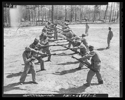 Camp Lejeune, New River, North Carolina. Engineers of the 51st Composite Battalion, U.S. Marine Corps, in a bayonet drill