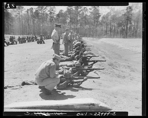 Camp Lejeune, New River, North Carolina. Engineers of the 51st Composite Battalion, U.S. Marine Corps, practice "on the firing line"