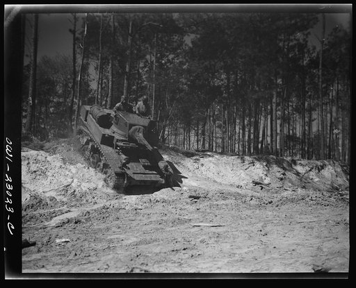 Camp Lejeune, New River, North Carolina. Engineers of the 51st Composite Battalion, U.S. Marine Corps, in tank training