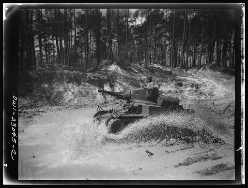 Camp Lejeune, New River, North Carolina. Engineers of the 51st Composite Battalion, U.S. Marine Corps, in tank training